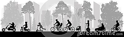 Urban leisure activities in spring and summer. People ride bicycles, scooters, cars, segway. Silhouette of urban park. Vector Vector Illustration