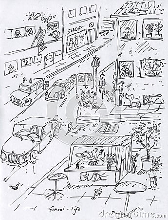 An urban life cartoon-like drawing Stock Photo