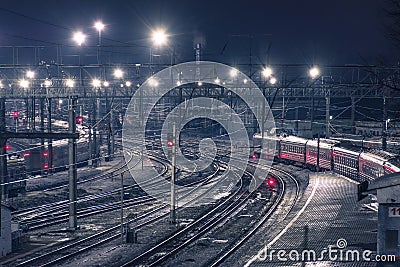 Railway track and train night view Stock Photo