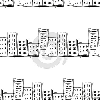 Urban line landscape ink imitation drawing on a white background seamless pattern Vector Illustration