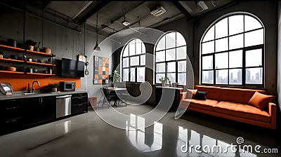 Urban Loft Living: Industrial-Inspired Decor in Shades of Concrete Gray, Rusty Orange, and Matte Black. Selective focus Stock Photo
