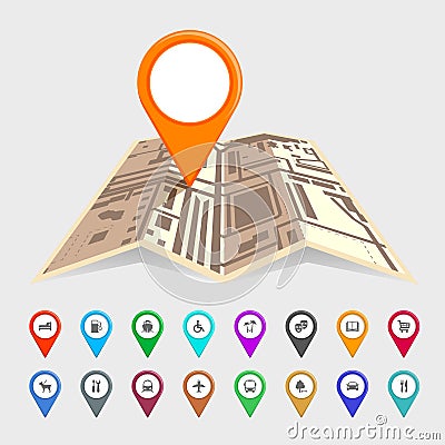 Urban map with a set of pointer icons Vector Illustration