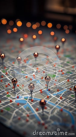 Urban navigation Red pins on city map, guiding exploratory routes Stock Photo