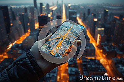 Urban navigation Smartphone displaying route against a city background Stock Photo