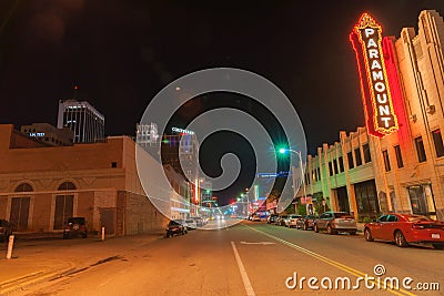 Urban neon signs and lighting, Paramount, downtown Amarillo, Te Editorial Stock Photo