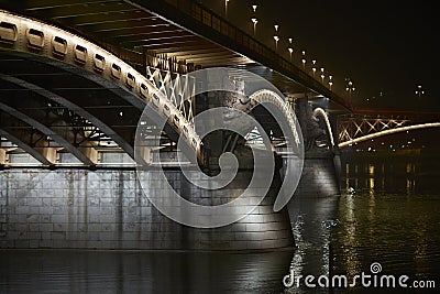 Urban nightscape, illuminated bridge Stock Photo