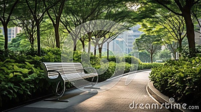 Urban Oasis: A Contemporary Stainless Steel Tree Bench in a Modern Park Stock Photo