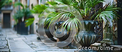 Urban Oasis: Palm Fronds in Stone Urns Line a Cobblestone Path. Concept Urban Oasis, Palm Fronds, Stock Photo