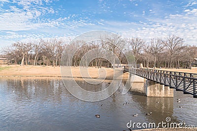 Urban park bare tree, altocumulus cloud, fountain lake in Texas, USA Editorial Stock Photo