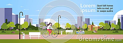 Urban park outdoors woman cycling people relaxing picnic street lamps cityscape concept horizontal banner flat copy Vector Illustration