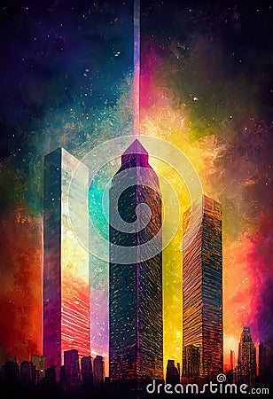 Urban peaks. A view of the skyline. Moonlit metropolis. A rainbow of colors. AI-generated Stock Photo
