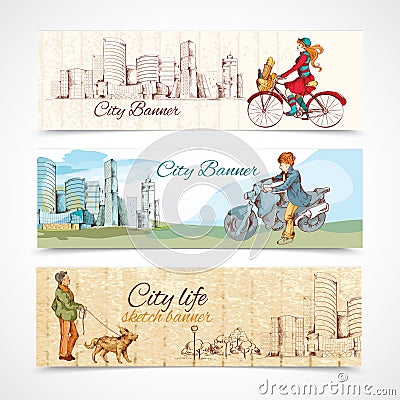 Urban people horizontal banners sketch colored Vector Illustration