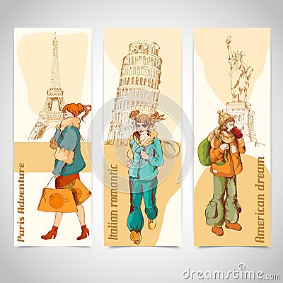 Urban people vertical banners sketch colored Vector Illustration