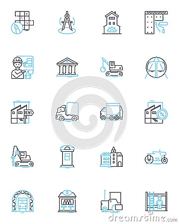 Urban planning linear icons set. Infrastructure, Architecture, Zoning, Transportation, Sustainability, Density Vector Illustration