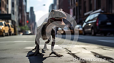 Urban Predator: Velociraptor Roaming NYC Streets - generative ai Stock Photo