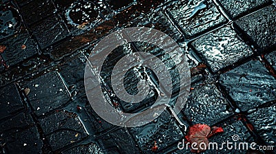 Urban rain patters against the rough surfaces of sidewalks and alleys following the sharp angles and jagged corners of Stock Photo