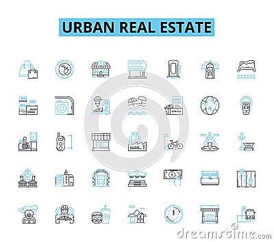 Urban real estate linear icons set. Gentrification, Revitalization, Redevelopment, Expansion, Rejuvenation, Gritty Vector Illustration