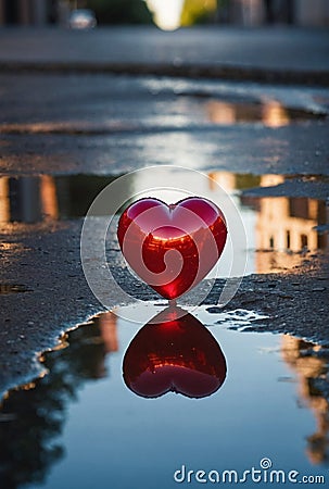 Urban Reflection: Red Heart Balloon in City Street Puddle Stock Photo