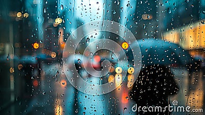 Urban Reflections: Rainy Cityscape with Raindrops on windows, Wet Pavements, and Umbrella-Wielding Pedestrians Stock Photo