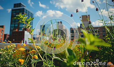 Urban rooftop garden. Modern skyscrapers, view from a terrace Stock Photo