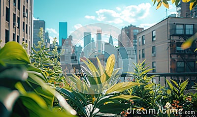 Urban rooftop garden. Modern skyscrapers, view from a terrace Stock Photo