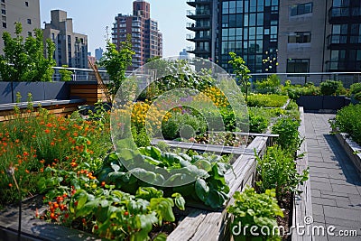 Urban rooftop garden with a view of the cityscape Stock Photo