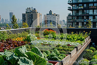 Urban rooftop garden with a view of the cityscape Stock Photo