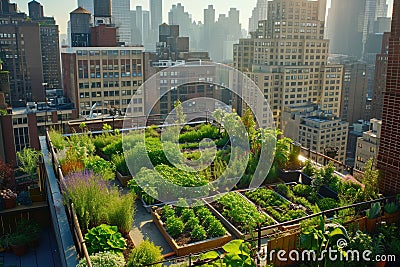 Urban rooftop garden with a view of the cityscape Stock Photo