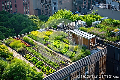 Urban rooftop garden with a view of the cityscape Stock Photo