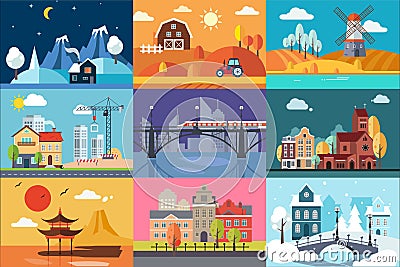 Urban and nature landscape in different seasons set vector Illustrations Vector Illustration