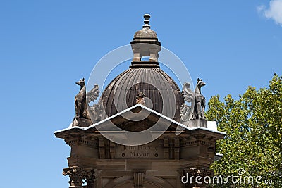 Ornate dome of 1884 baroque-inspired Victorian Gothic sandstone fountain Stock Photo