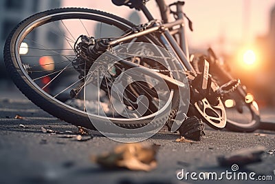 Urban scene with a bike crash road accident lying on the ground, with broken bike and helmet in the middle of the city. Bike crash Stock Photo
