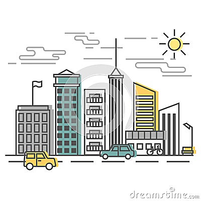 Urban Scene, city street with buildings and cars. Vector illustration in flat style. Vector Illustration