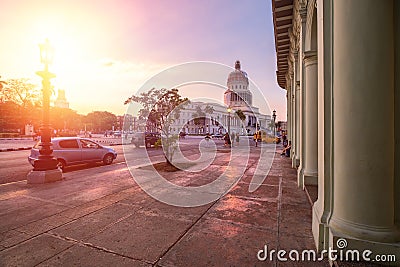 Urban scene in Havana with the Capitol at sunset Editorial Stock Photo