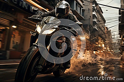 An urban scene showing a motorcycle rider navigating through city streets, embodying the excitement and energy of urban Stock Photo