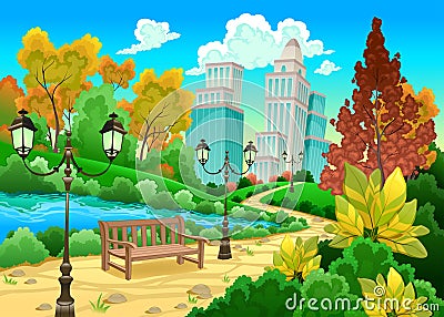 Urban scenery in a natural garden Vector Illustration