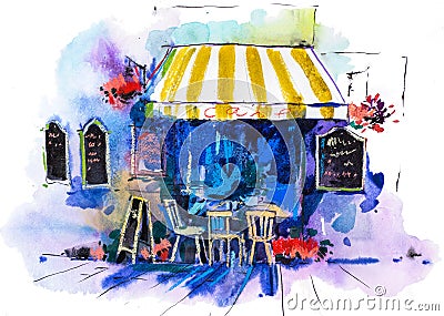Urban scenic landscape street cafe Watercolor illustration Cartoon Illustration