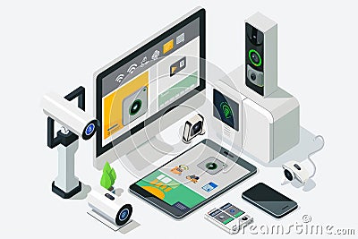 Urban sensors in wireless cameras command security systems, ensuring protection through advanced networked cameras and security lo Cartoon Illustration