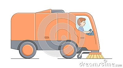 Urban Services And Environment Protection Concept. Worker Sweeper Truck Driver At Work. Man Sweeps City Streets. Urban Vector Illustration