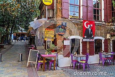 Urban sidewalk with cafe terraces near Asansor in Izmir Editorial Stock Photo