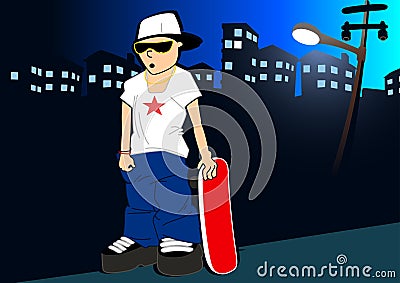 Urban skater with skateboard under street light Vector Illustration