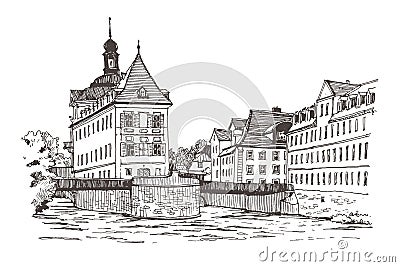 An urban sketch in black of a bridge in Bamberg, Germany. Cartoon Illustration