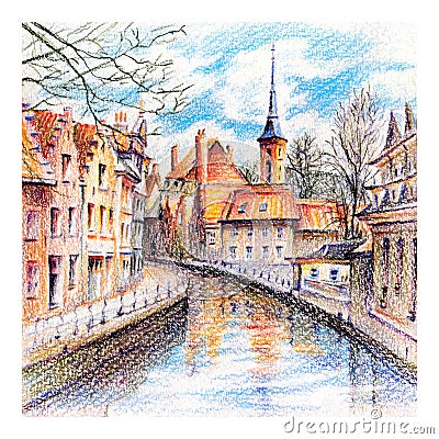 Bruges canal and church, Belgium Stock Photo