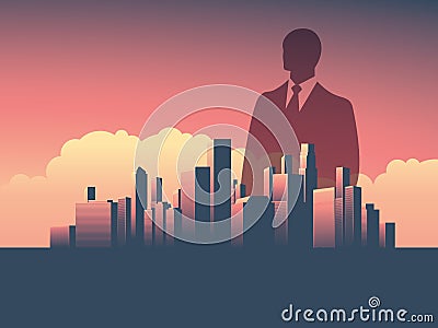 Urban skyline cityscape with businessman standing over. Double exposure vector illustration landscape background. Vector Illustration