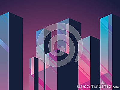 Urban skyline or cityscape in the night with neon color lights vector cartoon. Downtown corporate background. Vector Illustration