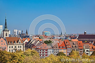 Urban skyline in downtown Erfurt with half-timbered houses in Thuringia Stock Photo