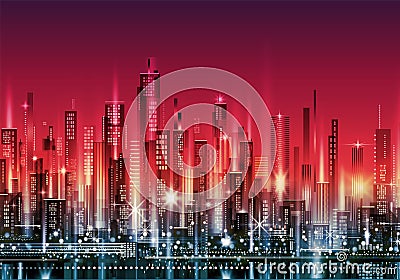 Urban skyline with downtown skyscrapers, glowing office buildings Vector Illustration