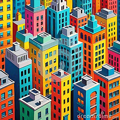 Urban skyline high rise skyscraper 1960 colors Cartoon Illustration