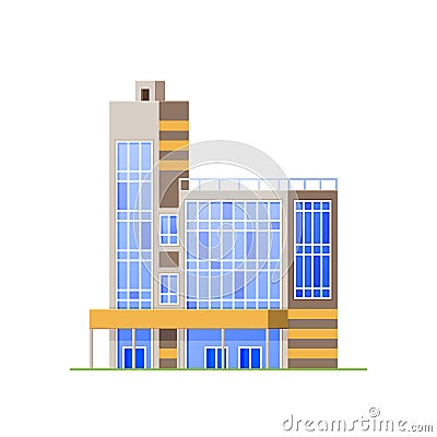 Urban skyscraper office building, high-rise architectural structure. Office-shopping center. Vector Illustration