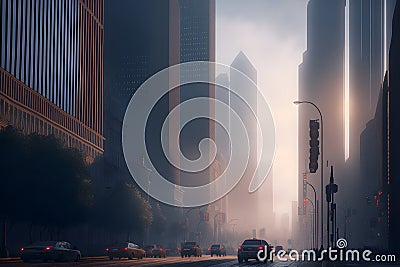 Urban skyscrapers at early foggy morning in the city district. Neural network generated art Stock Photo